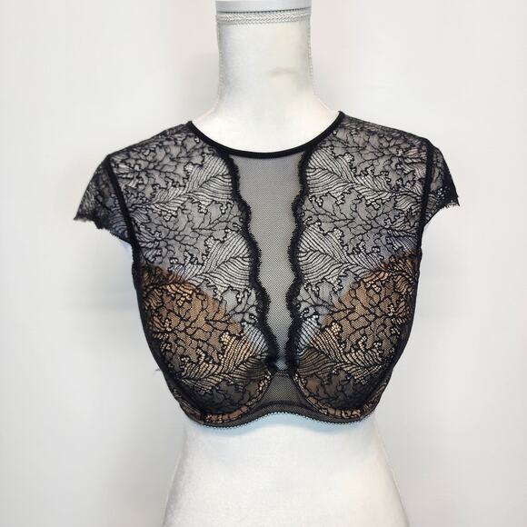 b.tempt'd Black Lace Neck Bralette Top Womens XL Cap Sleeve Built In Bra Sultry - Picture 2 of 12